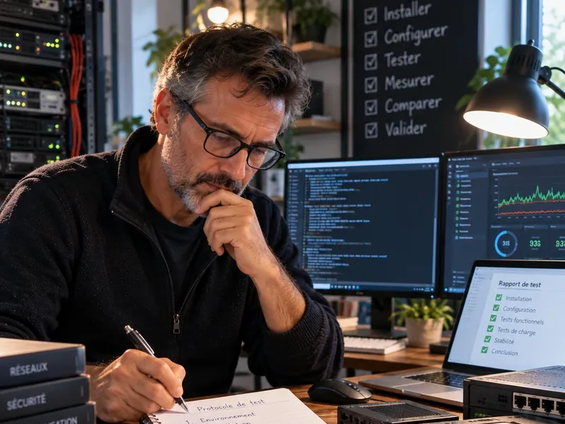 Illustratie: een man die een testprotocol schrijft, omringd door materiaal.