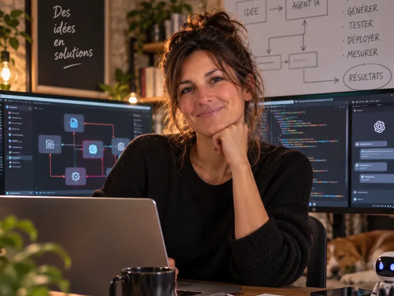 Illustratie: een vrouw aan haar bureau, voor schermen waarop AI-agents elkaar opvolgen.
