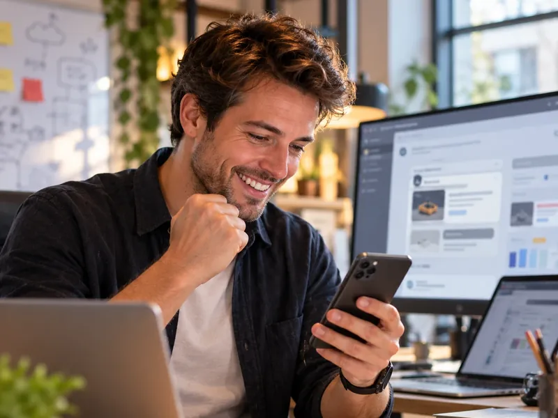 Illustratie: een man aan zijn bureau, glimlachend voor zijn telefoon.