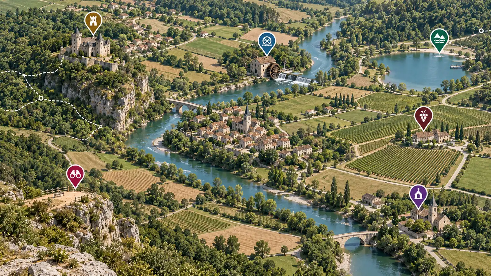 Een toeristische kaart met de locatie van een vakantiehuisje, en daarna dezelfde kaart zonder deze locatie.