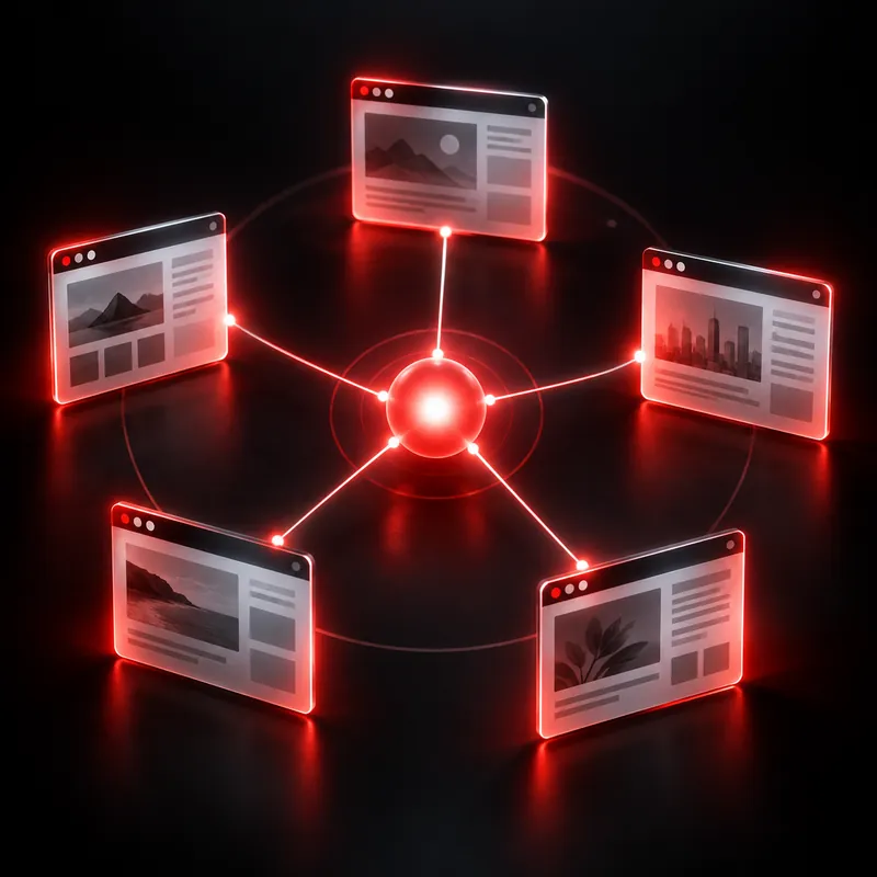 Vijf sitevensters verbonden met een centraal lichtpunt.