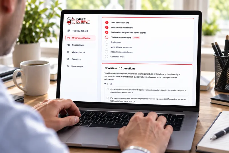 De klantenomgeving van FaireDuBruit op een computer: de stappen van de verspreiding, daarna "Kies 15 vragen".