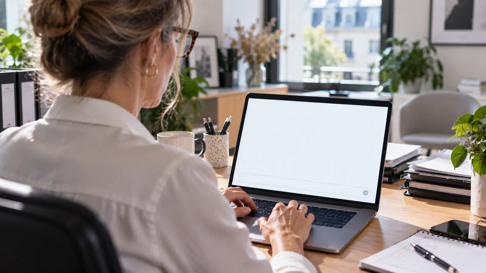 Een manager aan haar bureau, voor een leeg chatscherm.