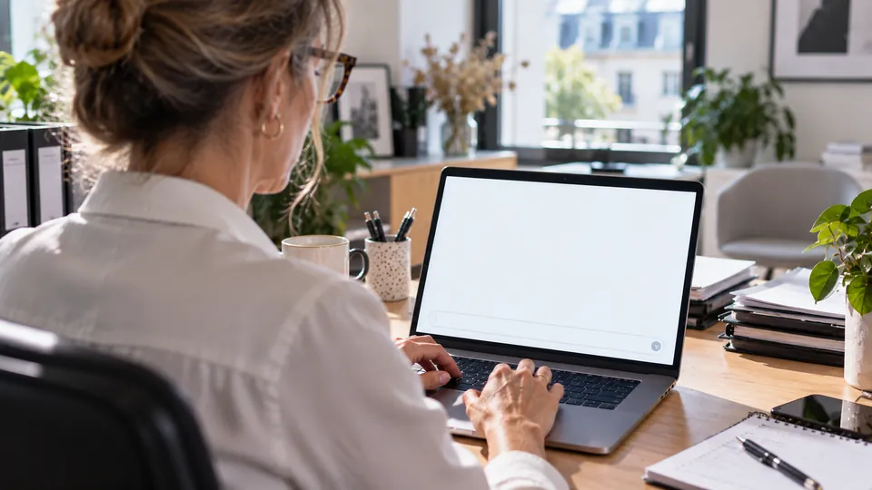 Een kantoormanager aan haar bureau stelt een vraag aan een AI op haar computer.