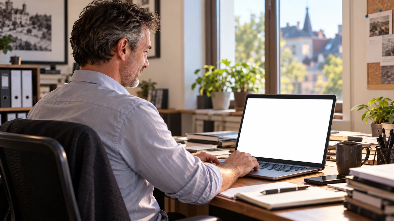 Dezelfde manager, 's ochtends, ontspannen achter zijn computer.