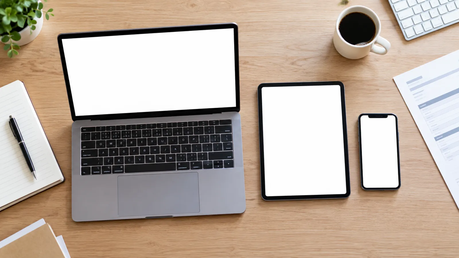 Een computer, een tablet en een telefoon op een tafel: drie artikelen die de vraag van de manager beantwoorden.